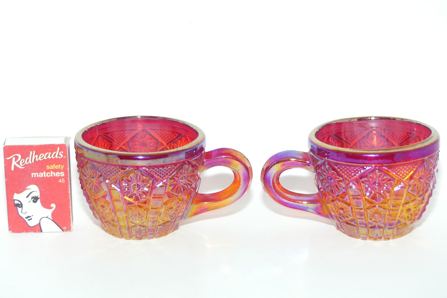 Pair of Indiana Carnival Glass cups | Red Amberina | Heirloom pattern | #2
