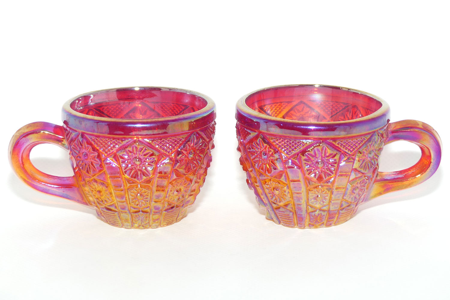 Pair of Indiana Carnival Glass cups | Red Amberina | Heirloom pattern | #2