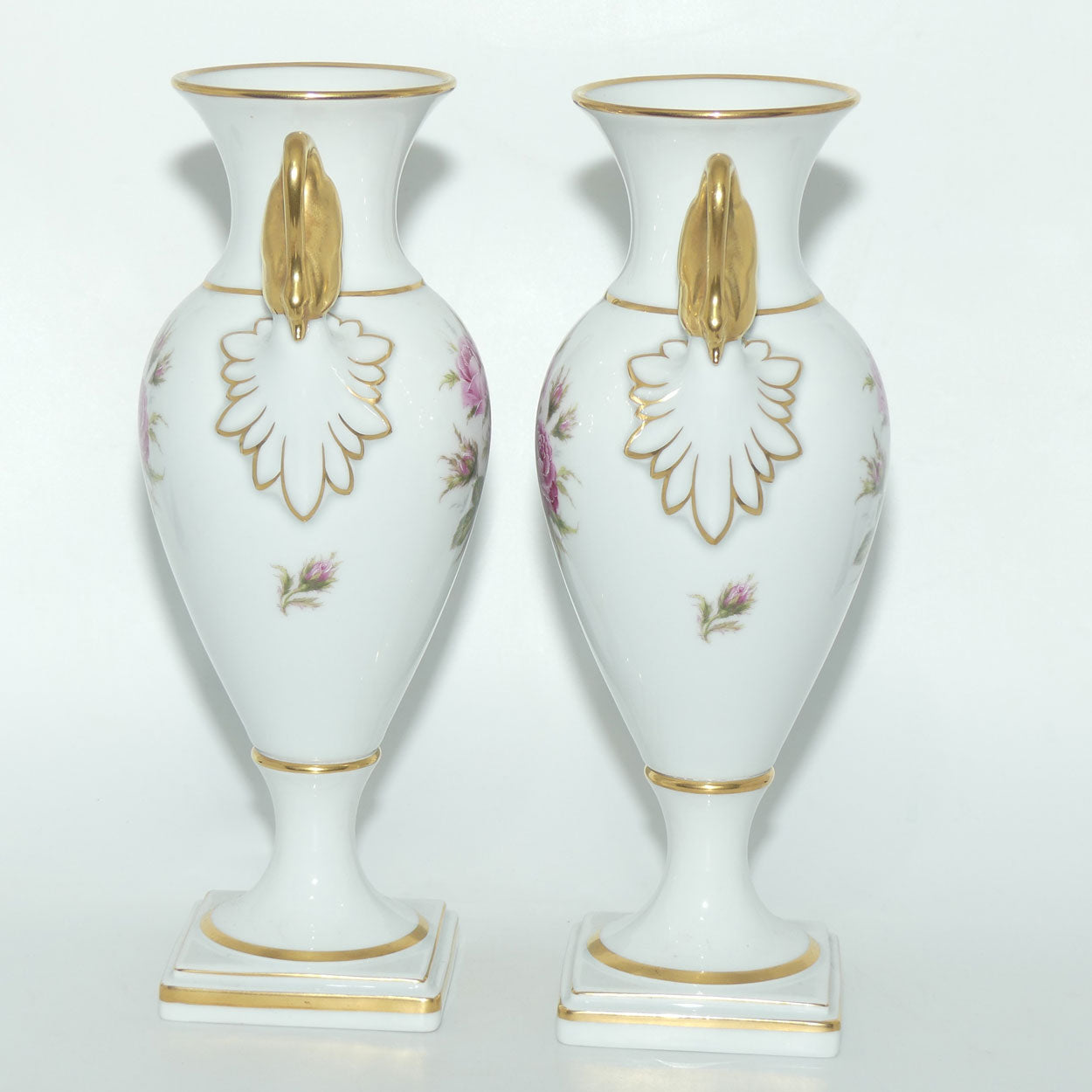 AK Kaiser West Germany pair of Swan Handled Amphora vases | Moss Rose pattern