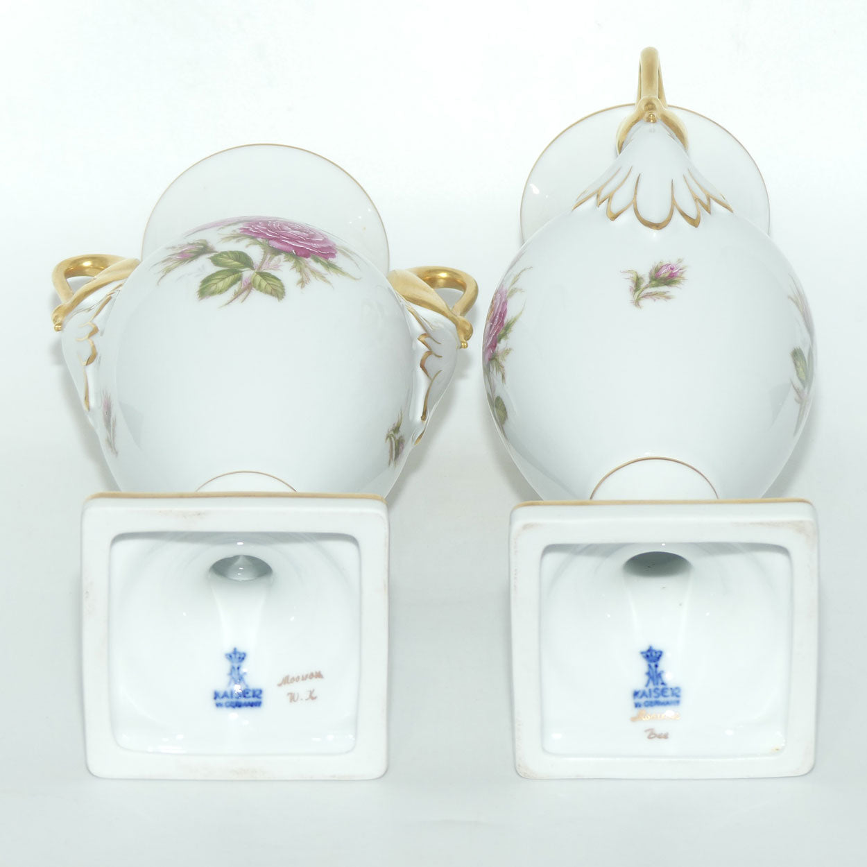 AK Kaiser West Germany pair of Swan Handled Amphora vases | Moss Rose pattern