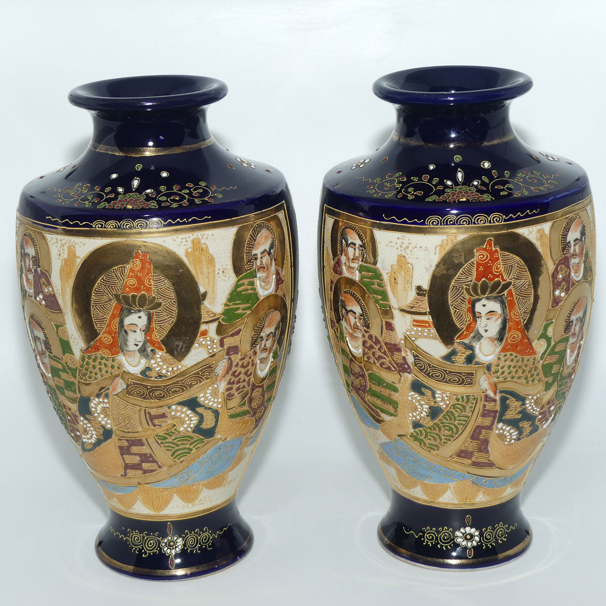 Early 20th century Satsuma pair of large bulbous vases | decorated with matching mirror image with enamelling and gilt highlights