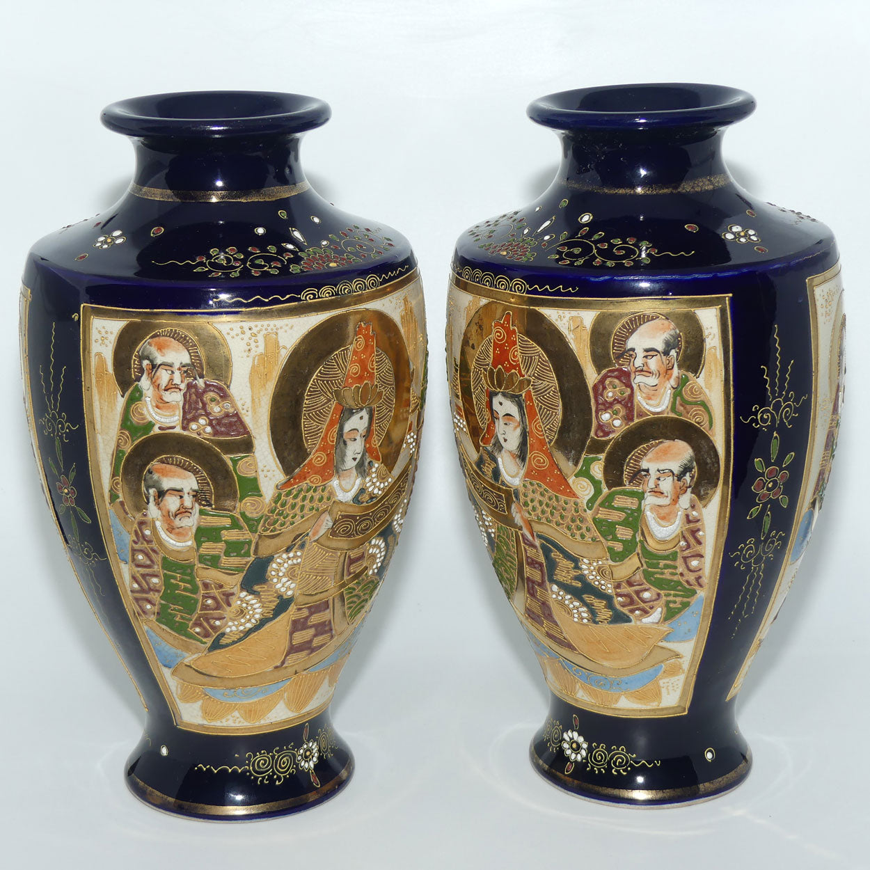 Early 20th century Satsuma pair of large bulbous vases | decorated with matching mirror image with enamelling and gilt highlights