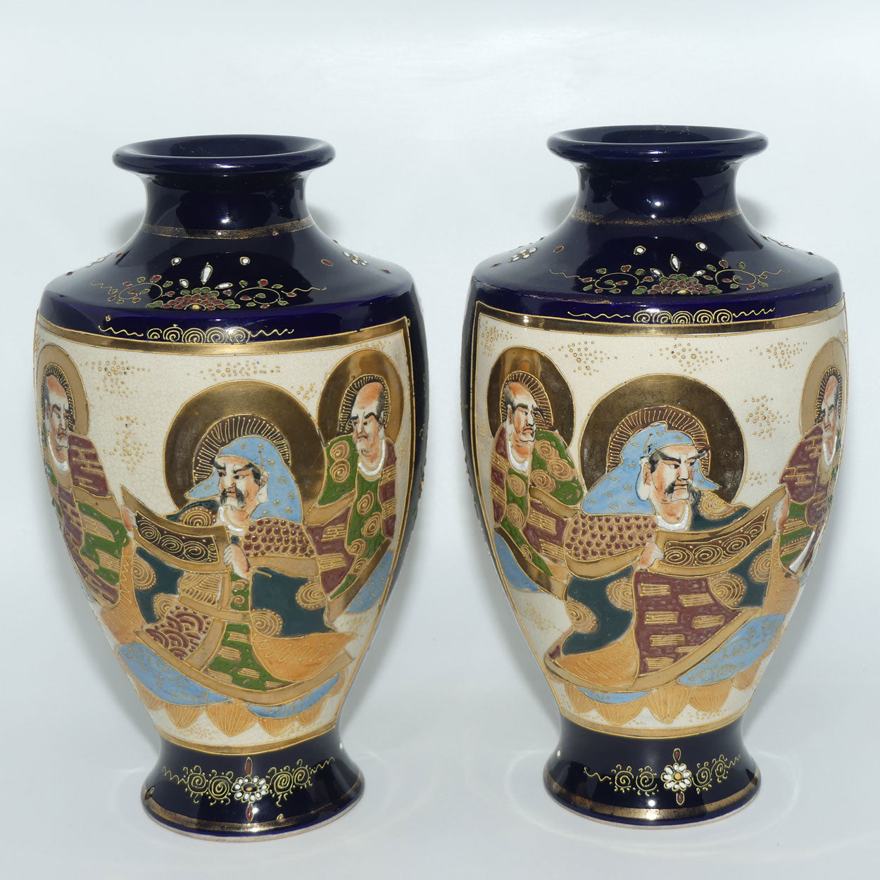 Early 20th century Satsuma pair of large bulbous vases | decorated with matching mirror image with enamelling and gilt highlights