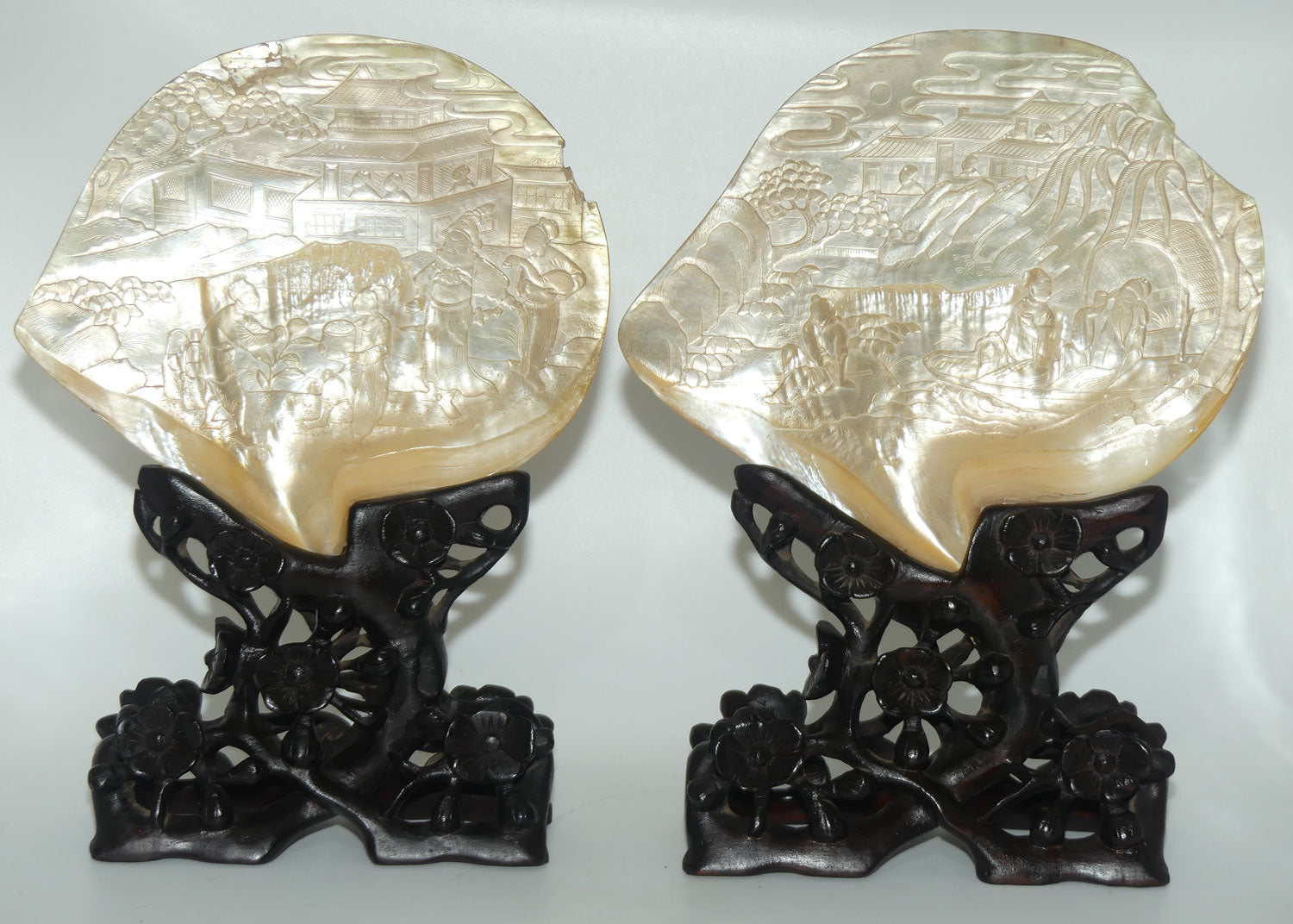 Pair of Carved Mother of Pearl Shells on Carved Rosewood Stands