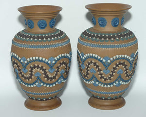 Doulton Lambeth Silicon pair of well decorated vases | 21cm | c.1882