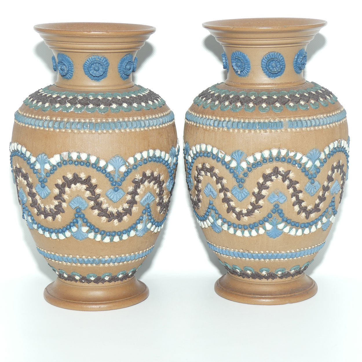 Doulton Lambeth Silicon pair of well decorated vases | 21cm | c.1882