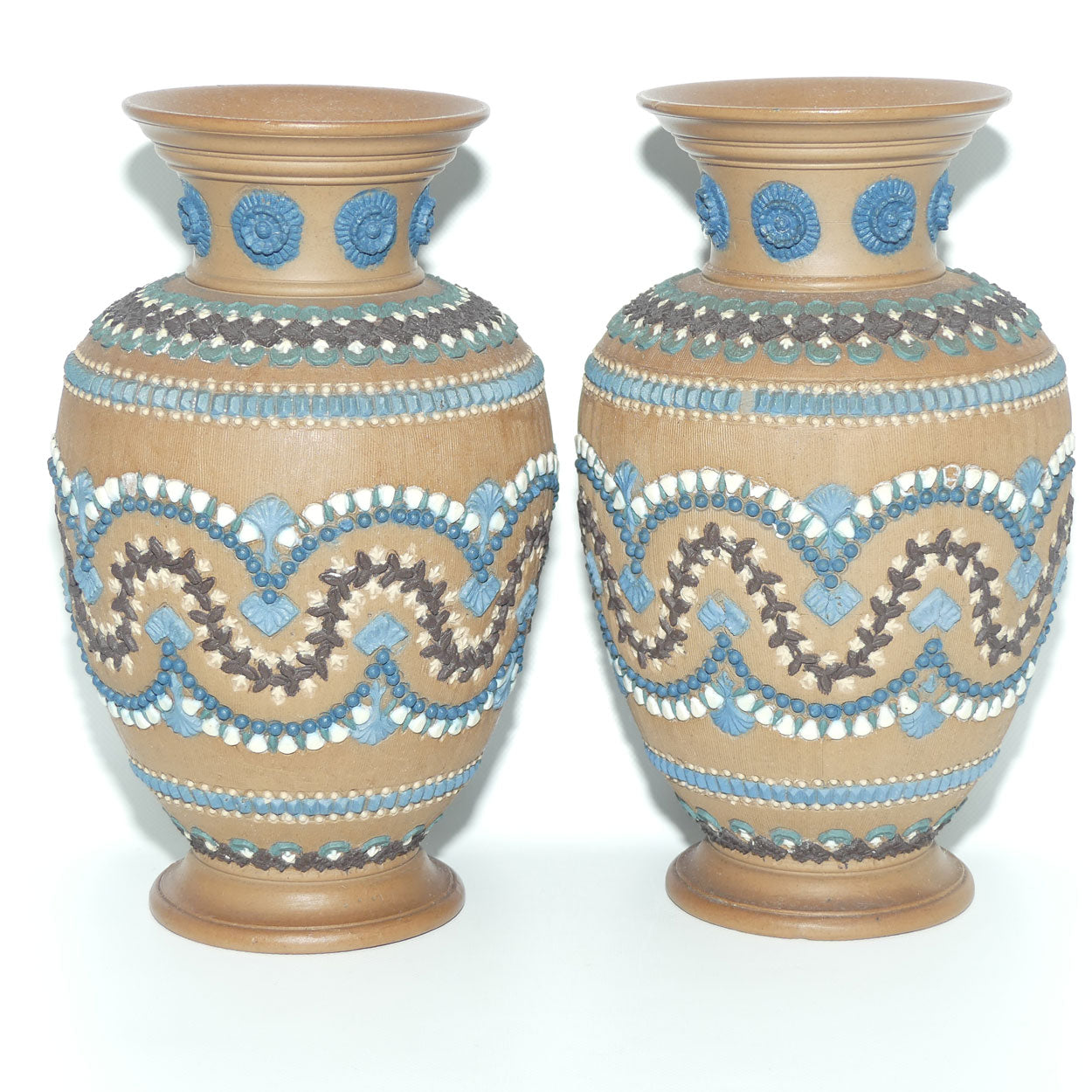 Doulton Lambeth Silicon pair of well decorated vases | 21cm | c.1882
