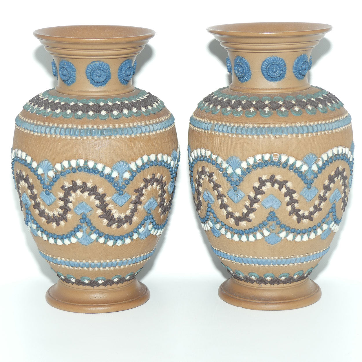Doulton Lambeth Silicon pair of well decorated vases | 21cm | c.1882