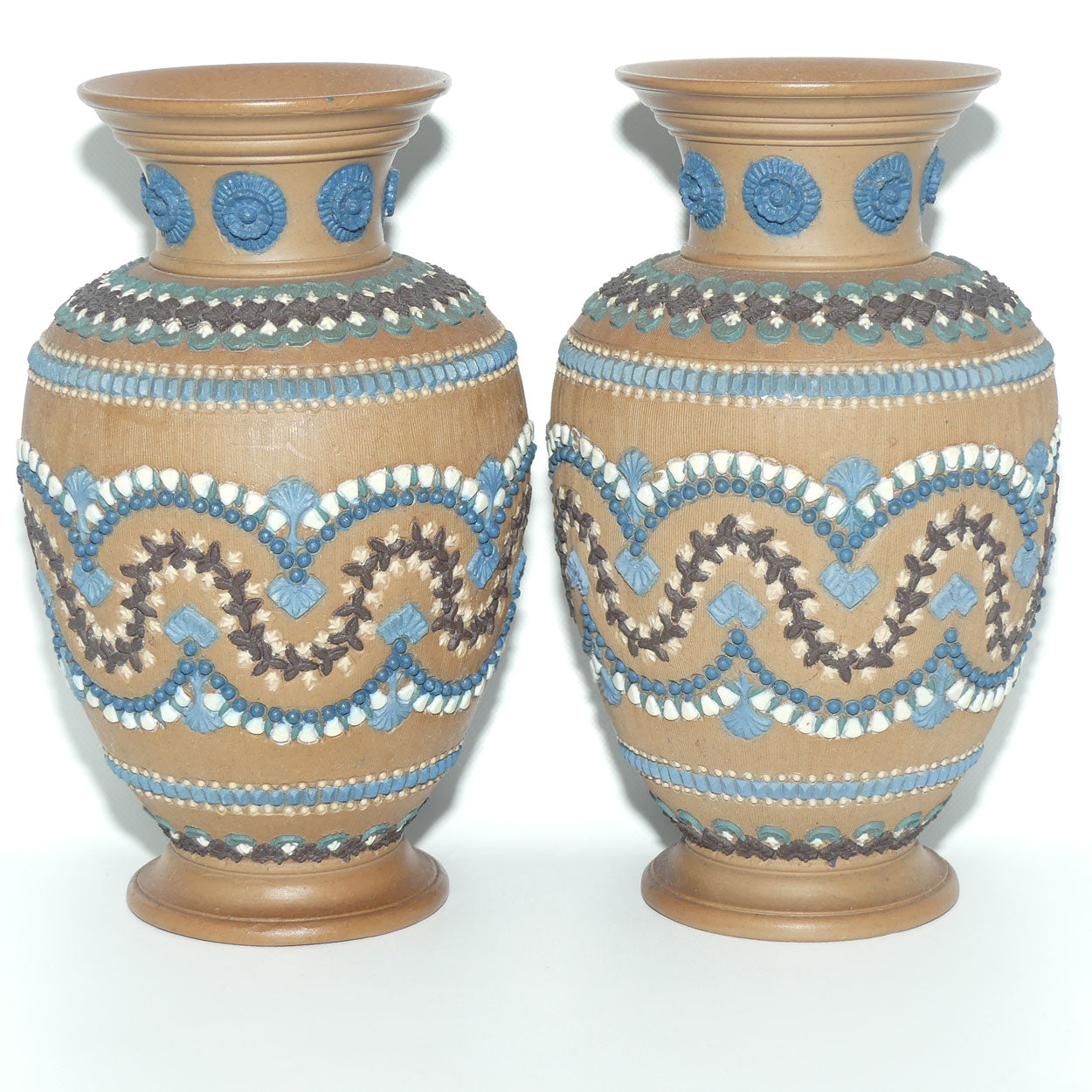 Doulton Lambeth Silicon pair of well decorated vases | 21cm | c.1882
