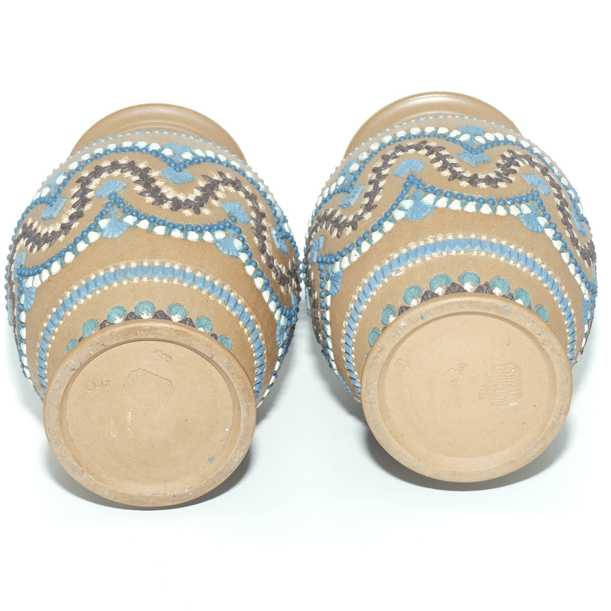 Doulton Lambeth Silicon pair of well decorated vases | 21cm | c.1882