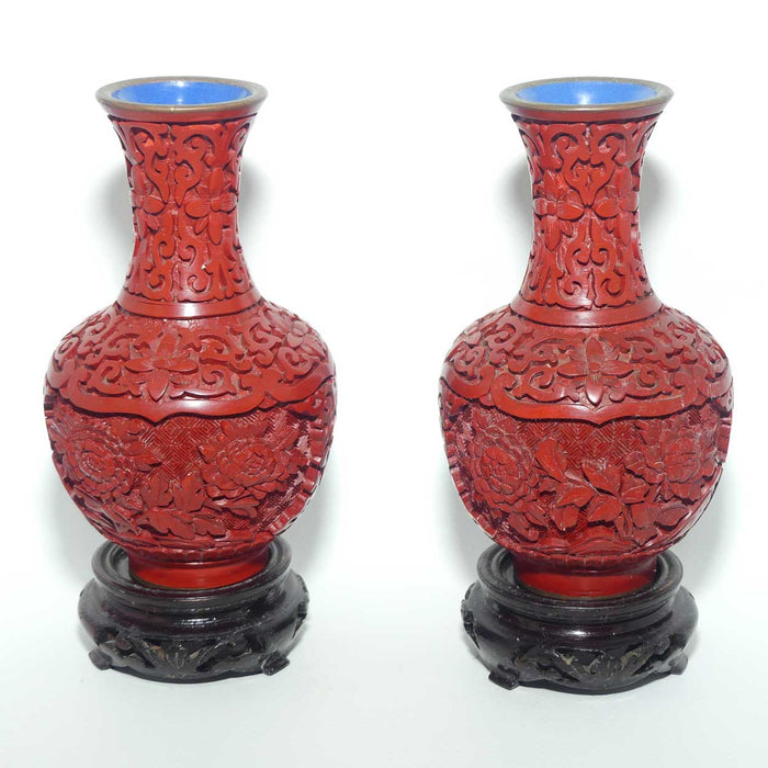 Pair of small Cinnabar on Enamelled Brass Floral design vases | Wooden Bases