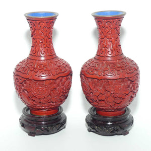 Pair of small Cinnabar on Enamelled Brass Floral design vases | Wooden Bases