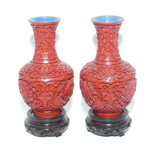 Pair of small Cinnabar on Enamelled Brass Floral design vases | Wooden Bases