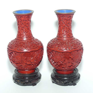 Pair of small Cinnabar on Enamelled Brass Floral design vases | Wooden Bases