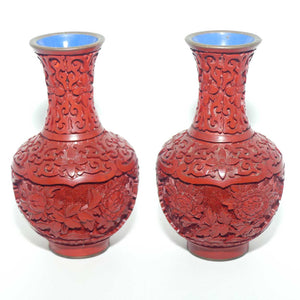 Pair of small Cinnabar on Enamelled Brass Floral design vases | Wooden Bases