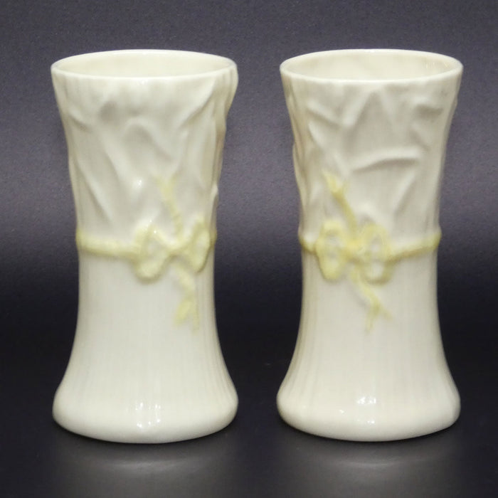 Belleek pair of Ribbon Spill vases | Gold Mark