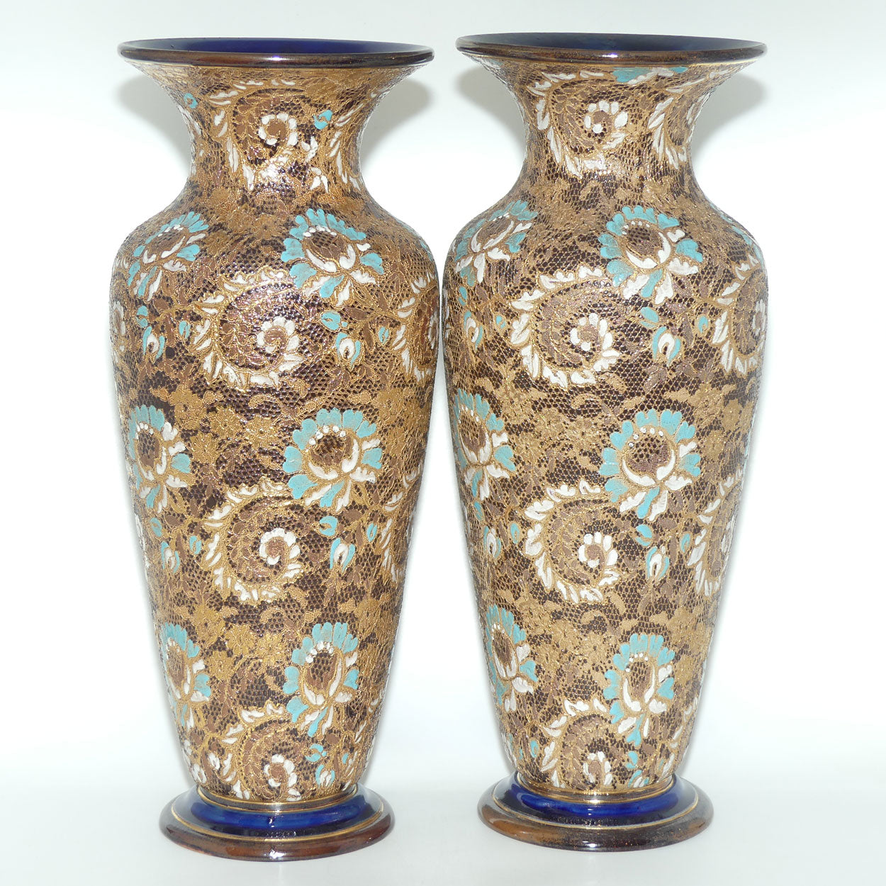 Doulton Lambeth Stoneware Pair of large proportion Slaters Patent vases | Turquoise, White and Gilt