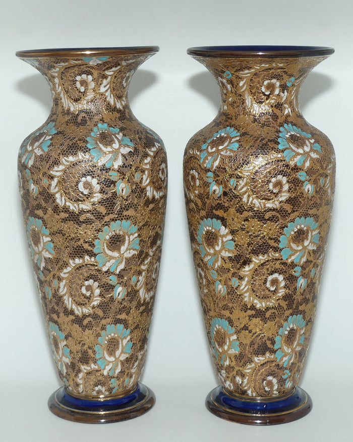 Doulton Lambeth Stoneware Pair of large proportion Slaters Patent vases | Turquoise, White and Gilt