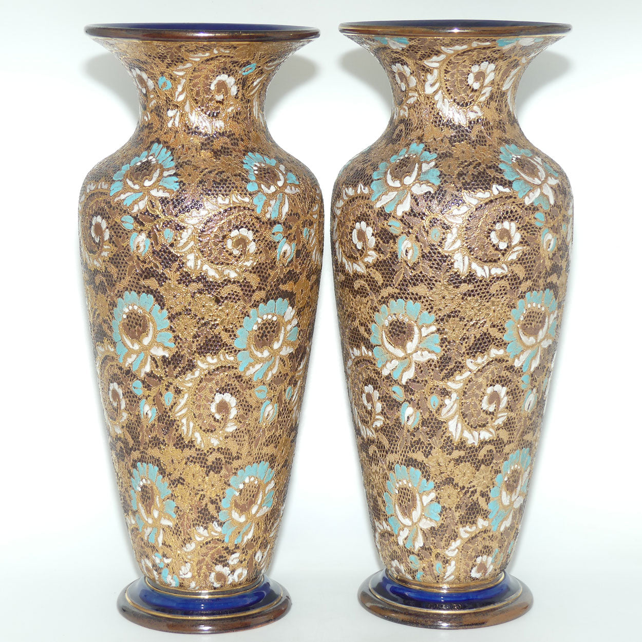 Doulton Lambeth Stoneware Pair of large proportion Slaters Patent vases | Turquoise, White and Gilt