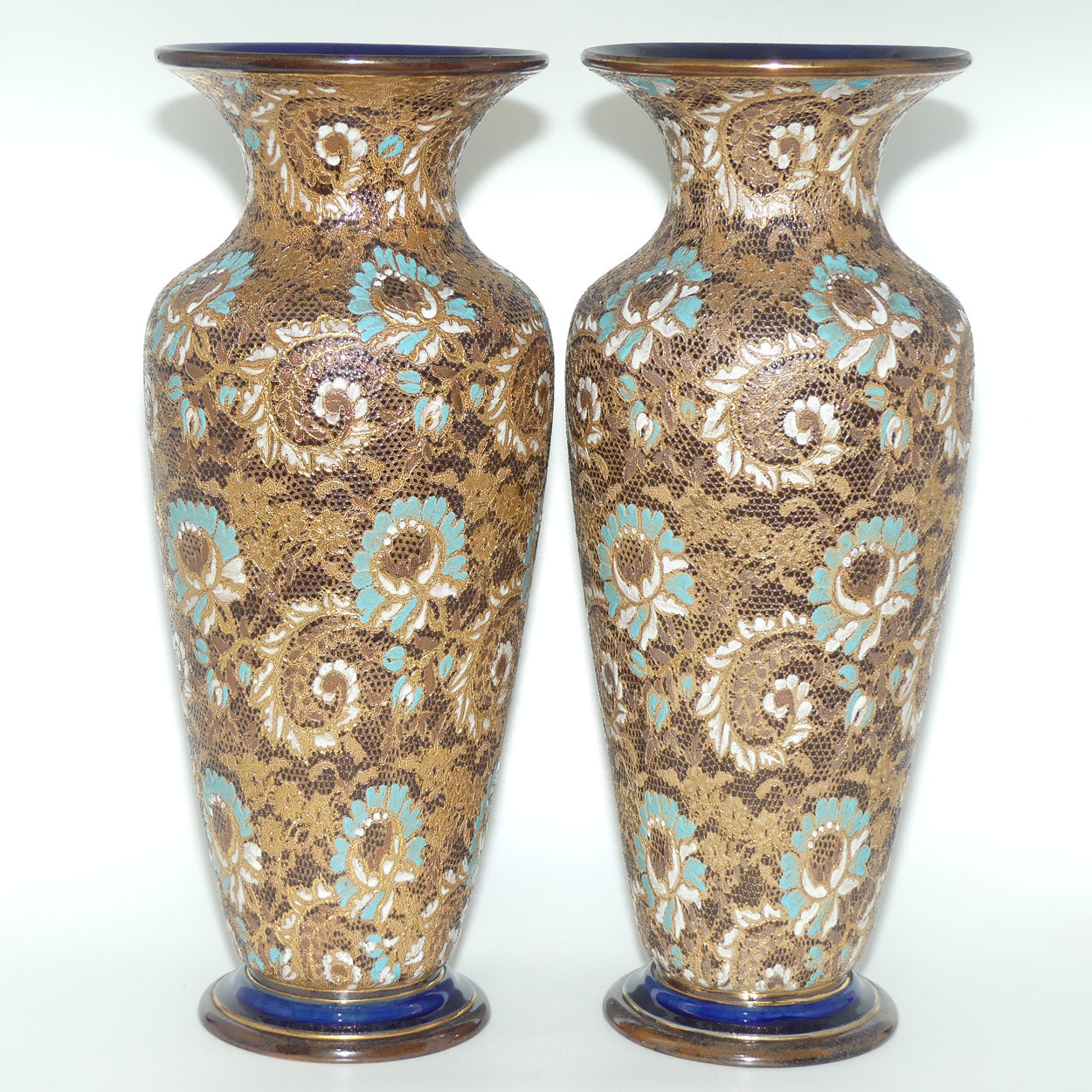 Doulton Lambeth Stoneware Pair of large proportion Slaters Patent vases | Turquoise, White and Gilt