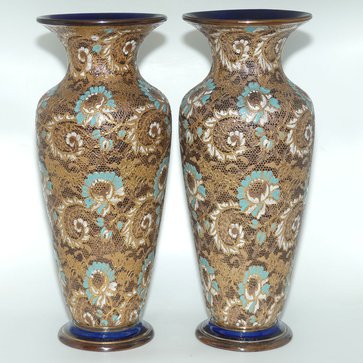 Doulton Lambeth Stoneware Pair of large proportion Slaters Patent vases | Turquoise, White and Gilt