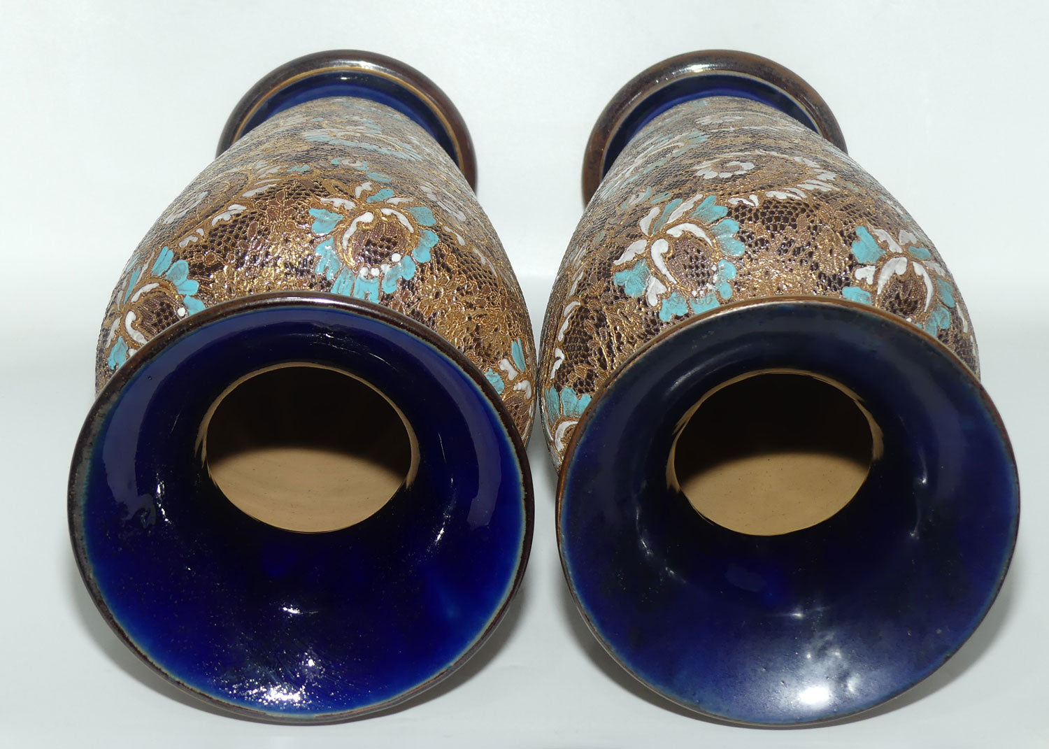 Doulton Lambeth Stoneware Pair of large proportion Slaters Patent vases | Turquoise, White and Gilt
