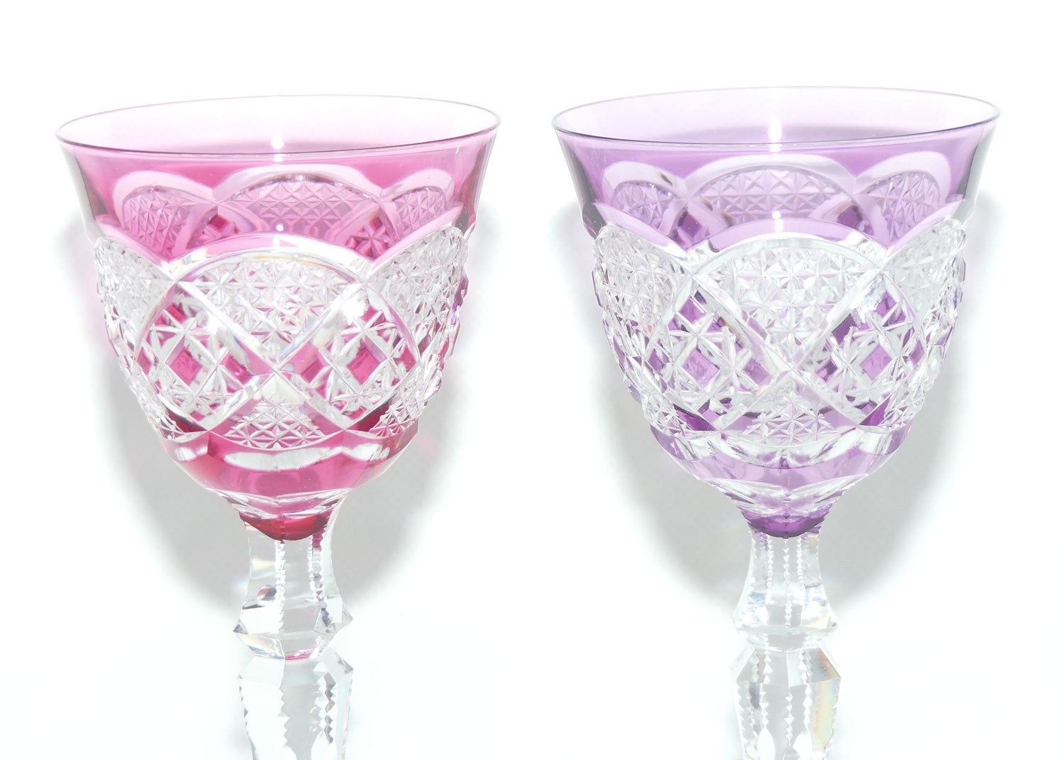 Pair of Val St Lambert Verrept pattern wine glasses | One Rose and One Violet