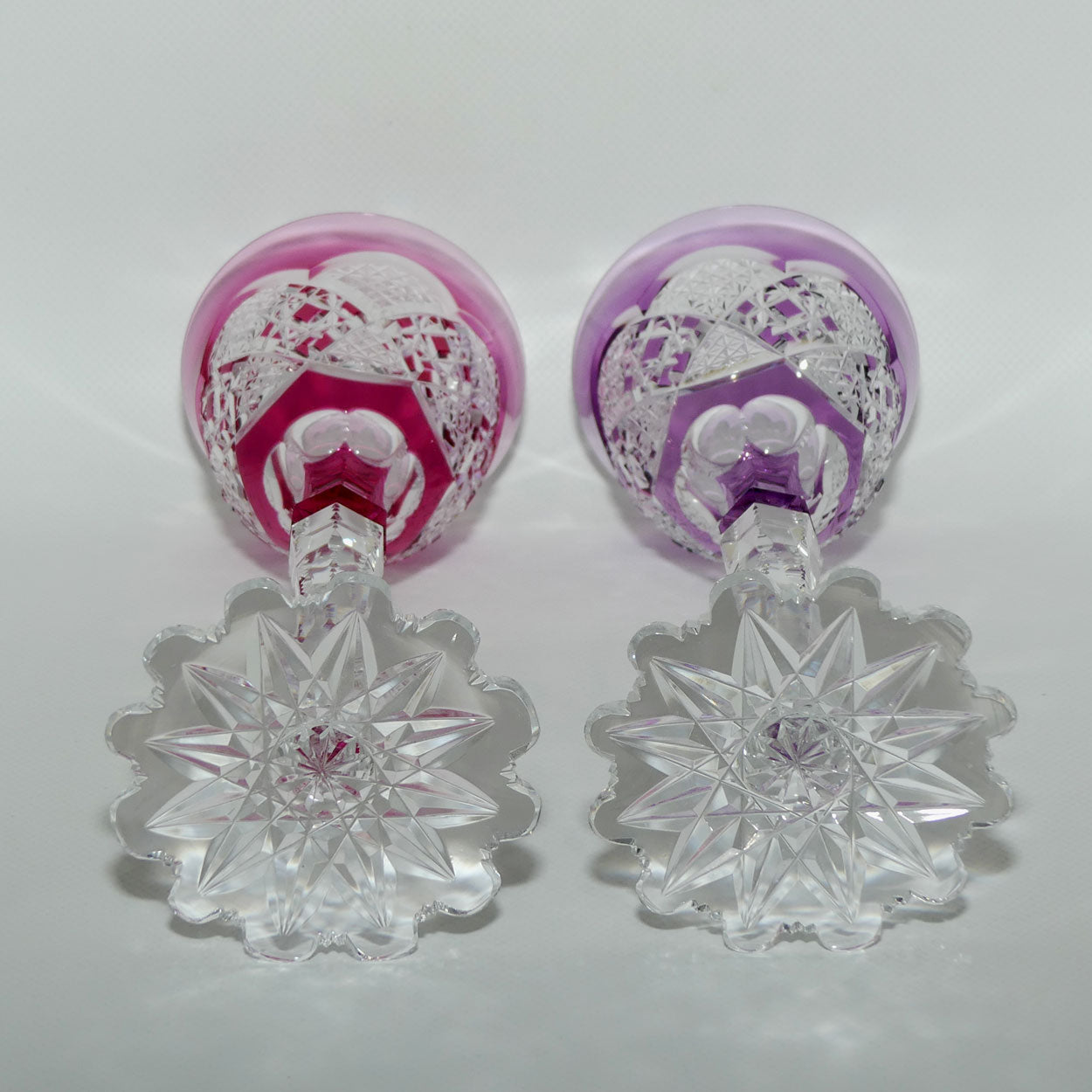 Pair of Val St Lambert Verrept pattern wine glasses | One Rose and One Violet