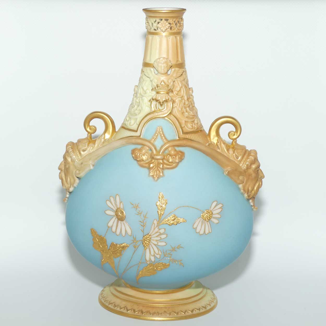 Royal Worcester Blush Ivory and Turquoise Blue hand painted and gilt floral vase | Daisies