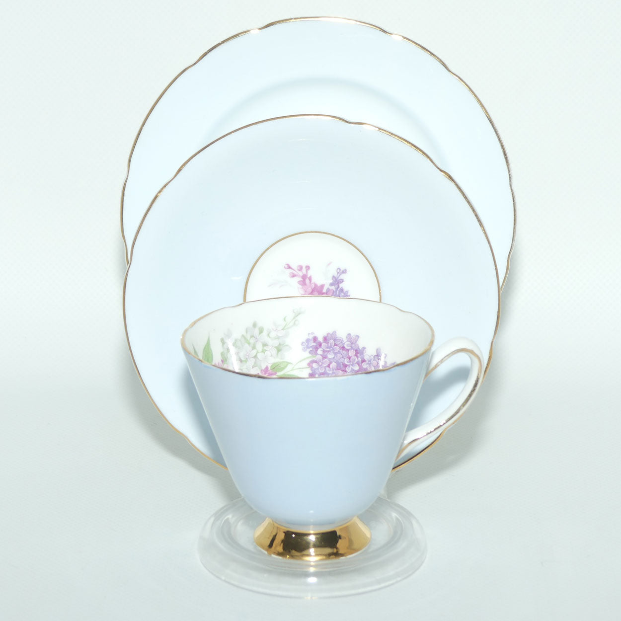 Old Royal Bone China Pale Blue trio | Lilac Flowers