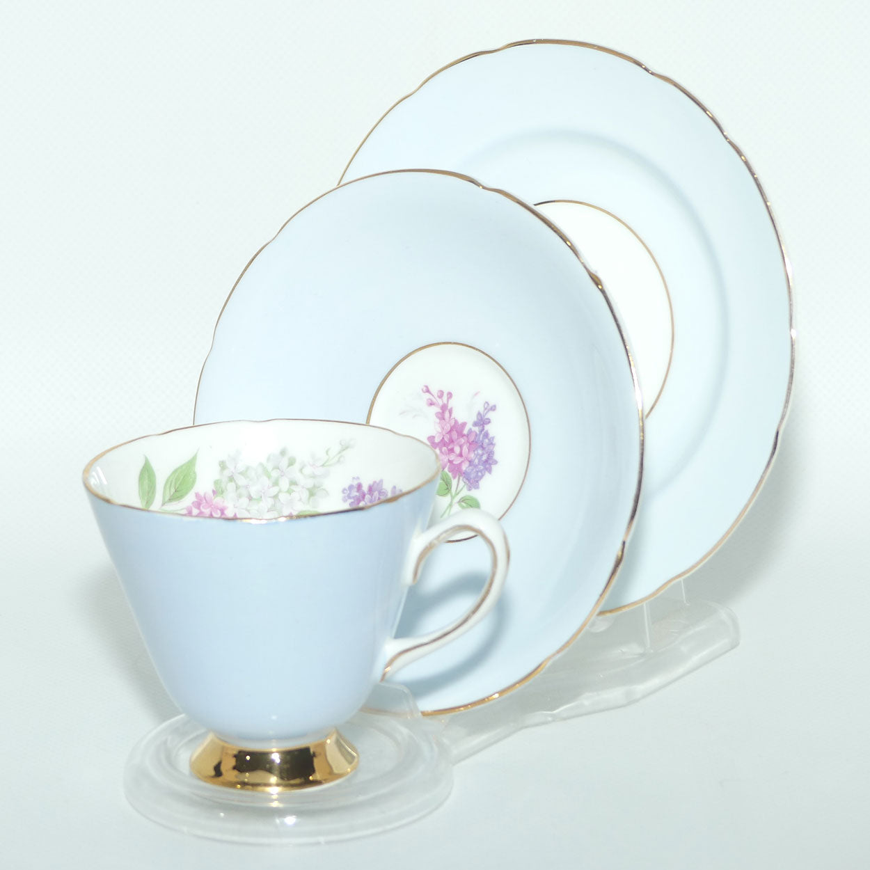Old Royal Bone China Pale Blue trio | Lilac Flowers