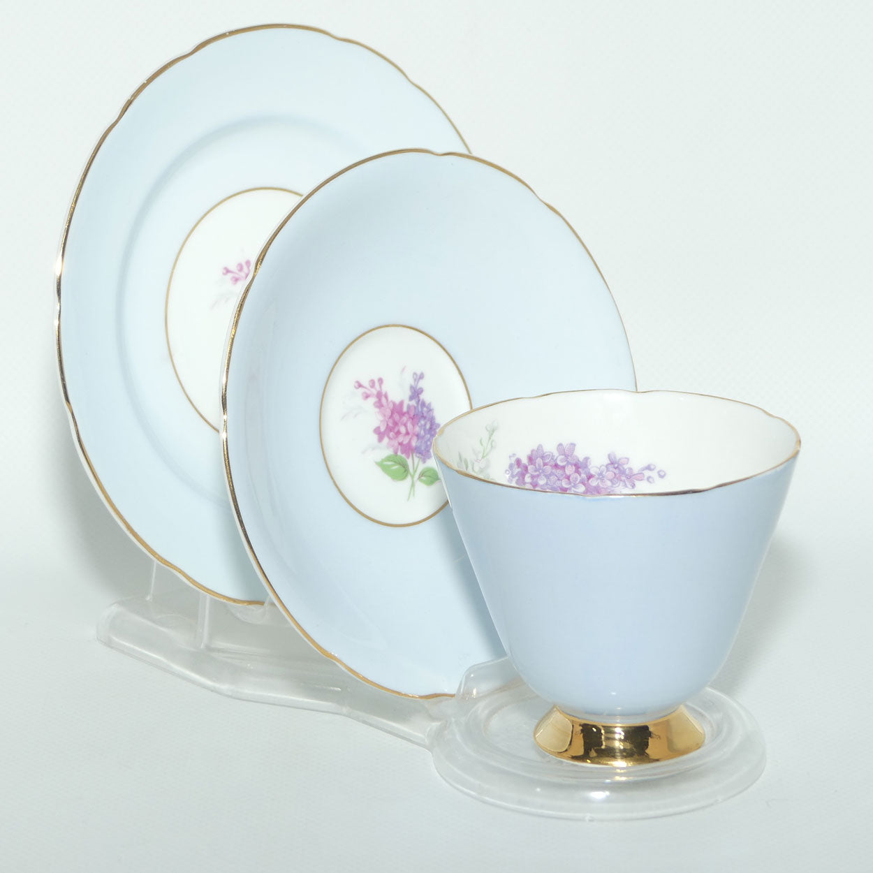 Old Royal Bone China Pale Blue trio | Lilac Flowers