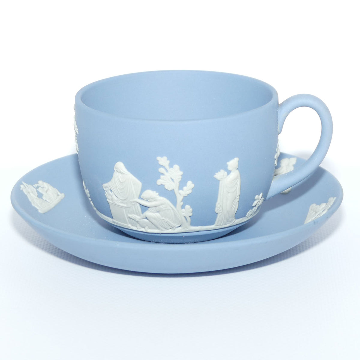 Wedgwood Jasper | White on Pale Blue cup and saucer | Grecian Scenes | #1