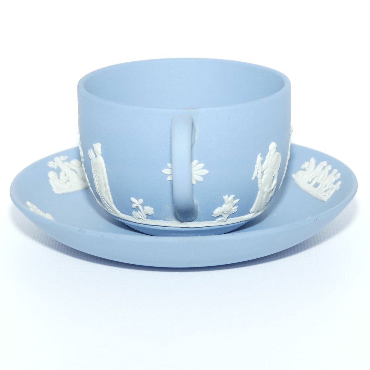 Wedgwood Jasper | White on Pale Blue cup and saucer | Grecian Scenes | #1