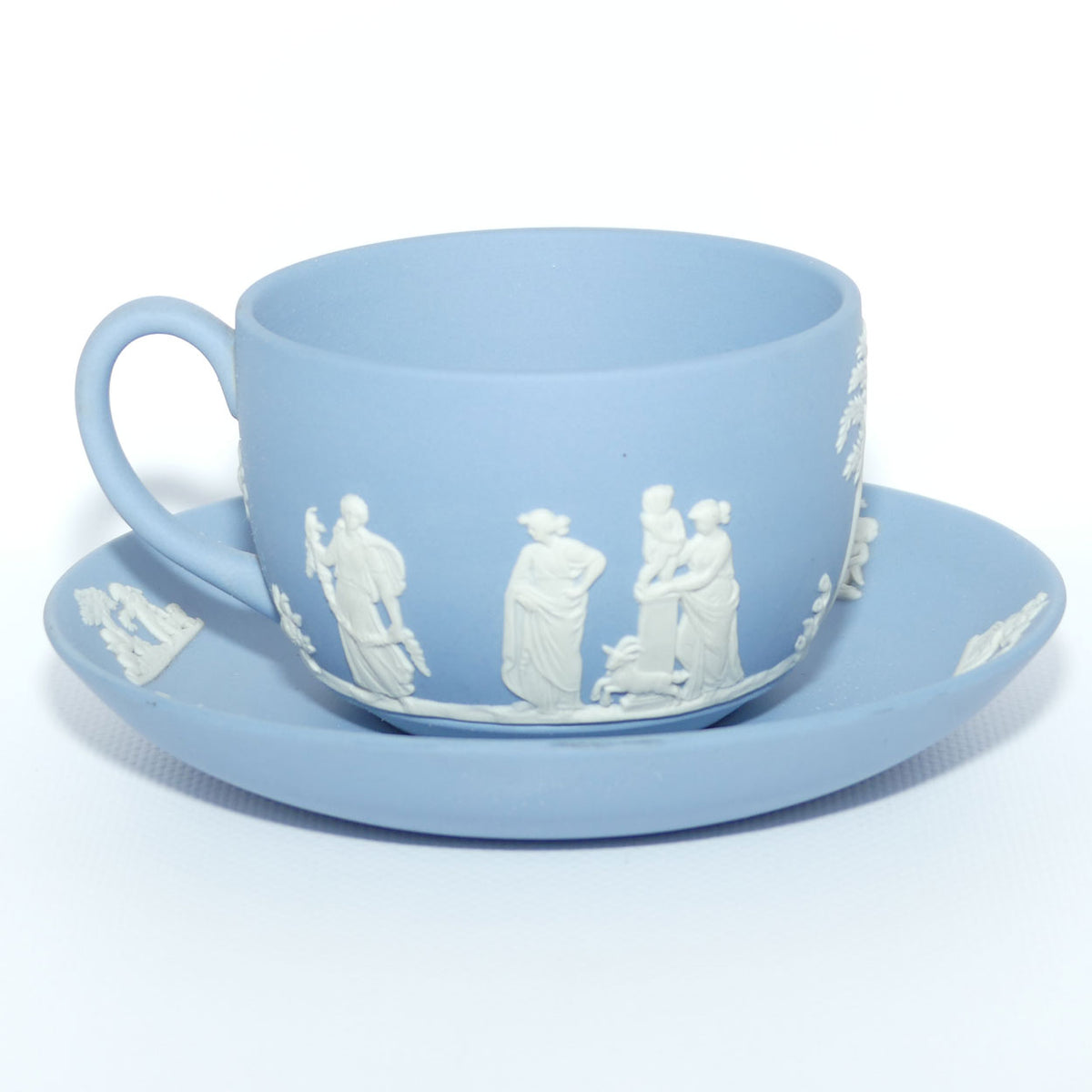 Wedgwood Jasper | White on Pale Blue cup and saucer | Grecian Scenes | #1