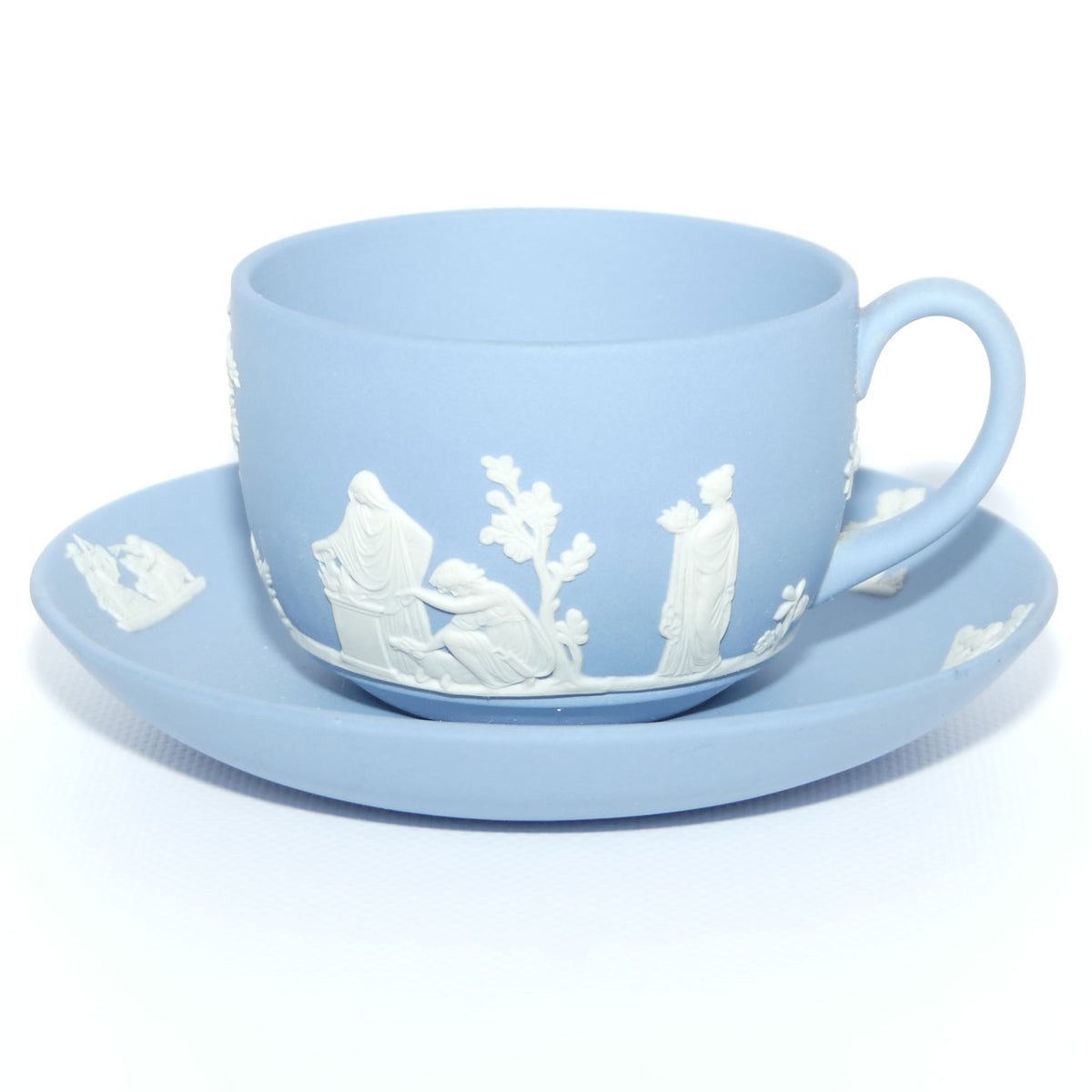 Wedgwood Jasper | White on Pale Blue cup and saucer | Grecian Scenes | #1