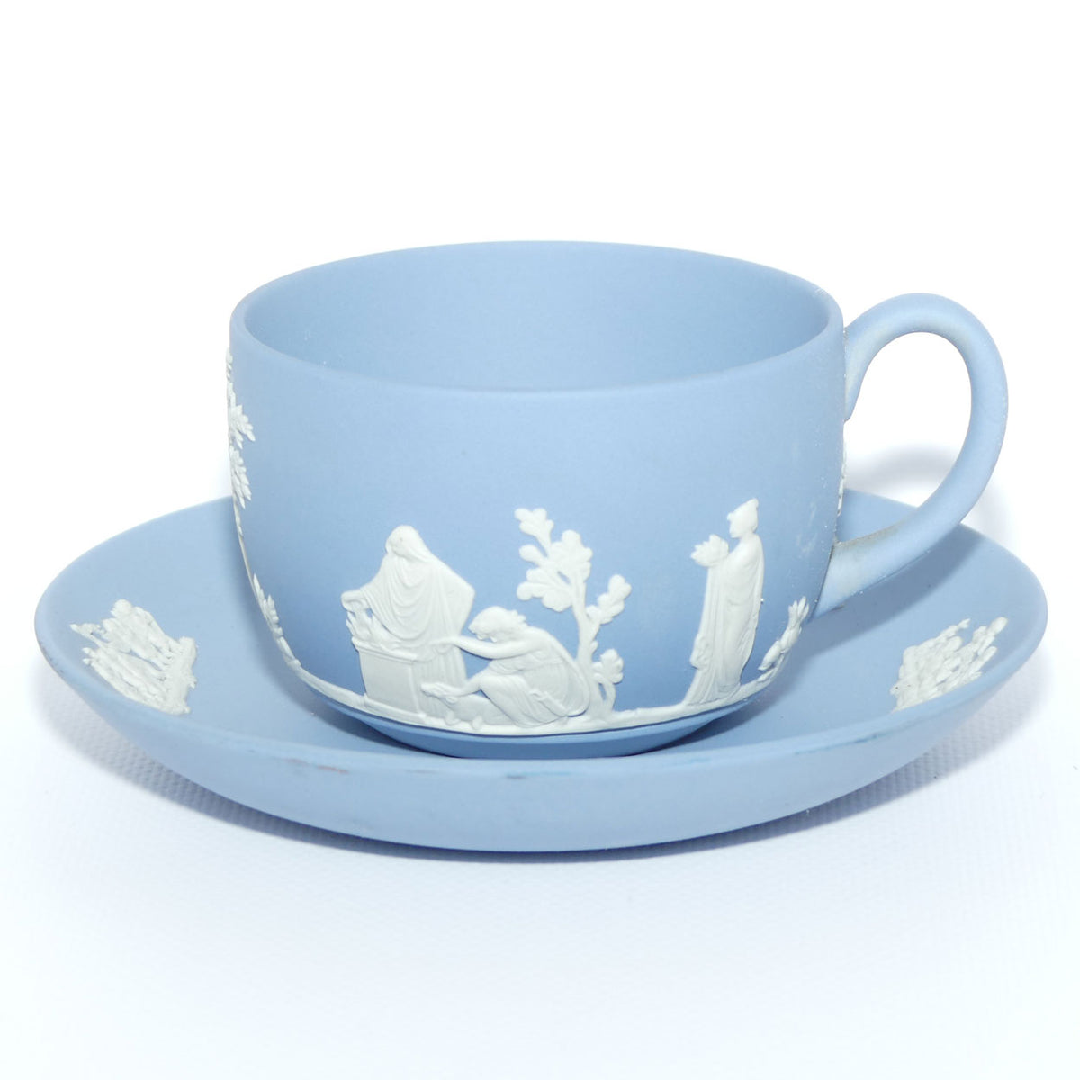Wedgwood Jasper | White on Pale Blue cup and saucer | Grecian Scenes | #2