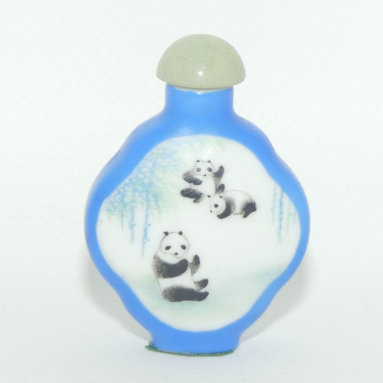 Chinese snuff bottle with greenstone stopper | Pandas on Blue