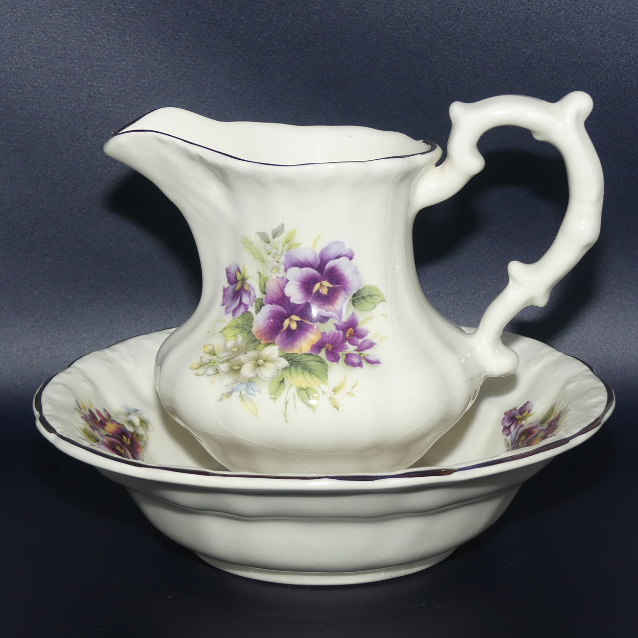 Victoriana Pottery miniature jug and basin set | Pansies motif