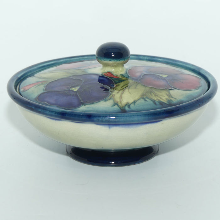 William Moorcroft Pansy lidded shallow powder bowl