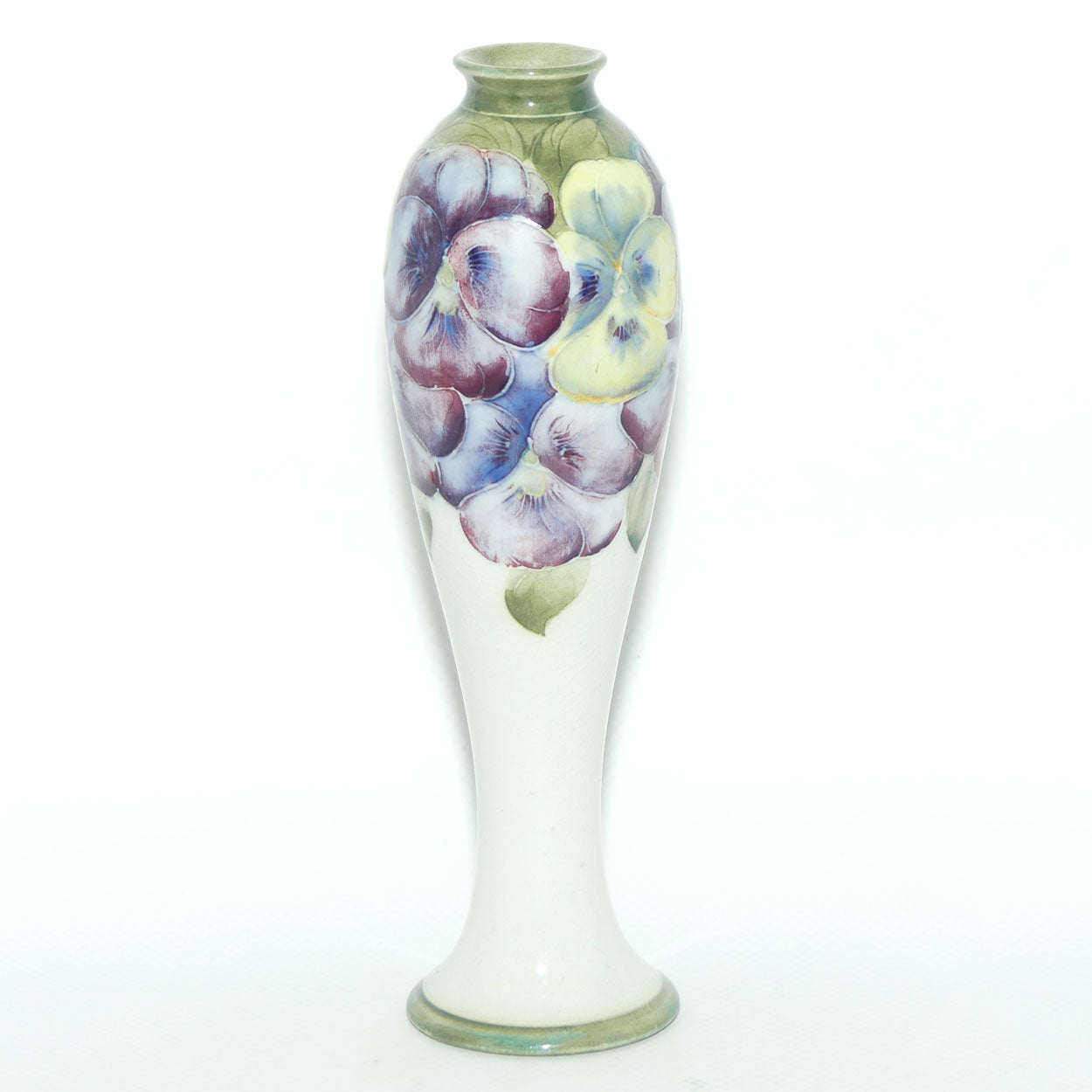James MacIntyre & Co William Moorcroft Pansy on White Ground vase | Made for Ward & Son Doncaster