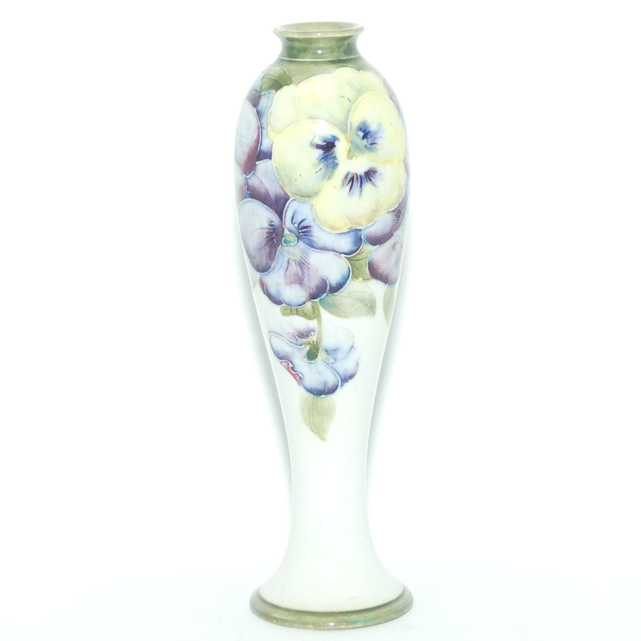 James MacIntyre & Co William Moorcroft Pansy on White Ground vase | Made for Ward & Son Doncaster