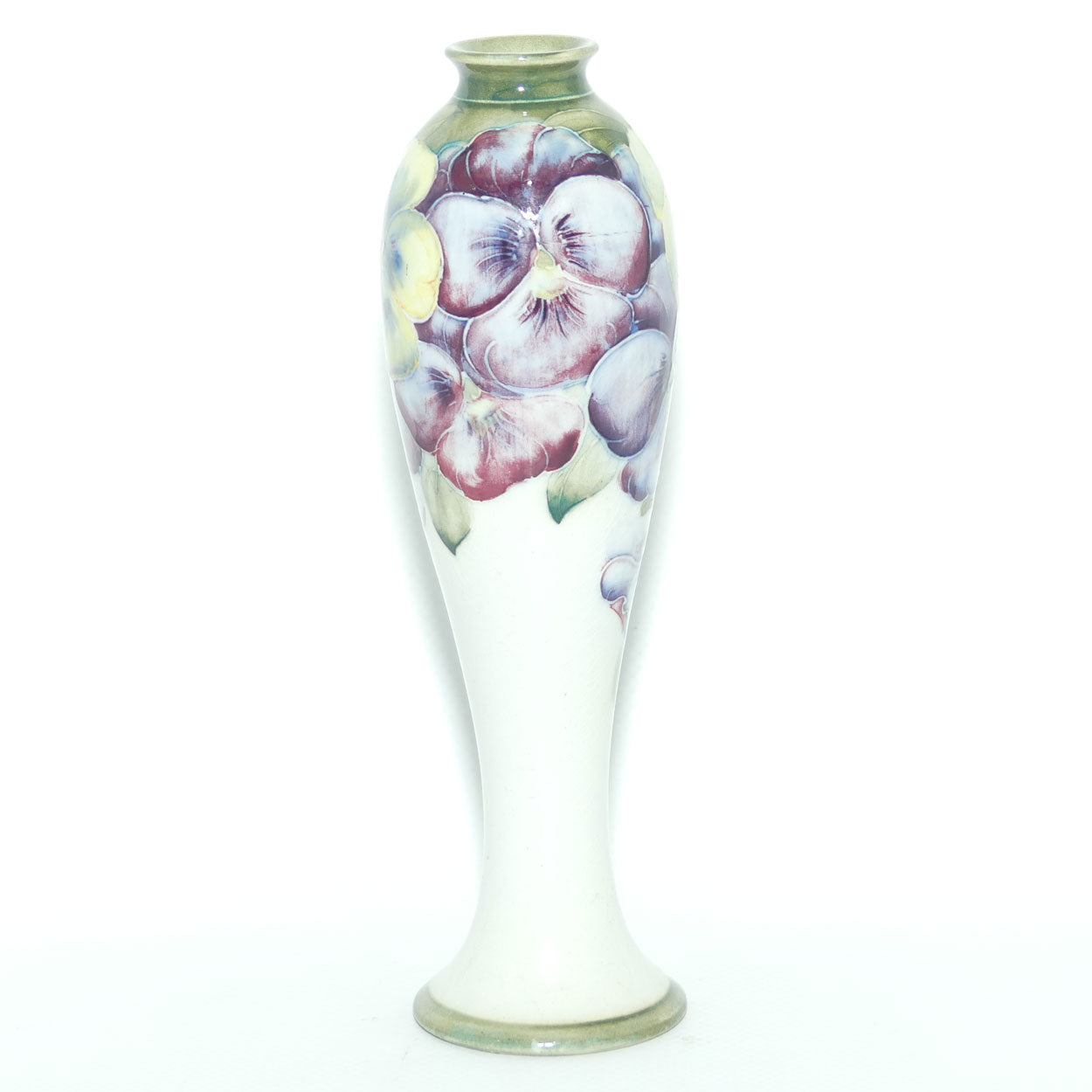 James MacIntyre & Co William Moorcroft Pansy on White Ground vase | Made for Ward & Son Doncaster