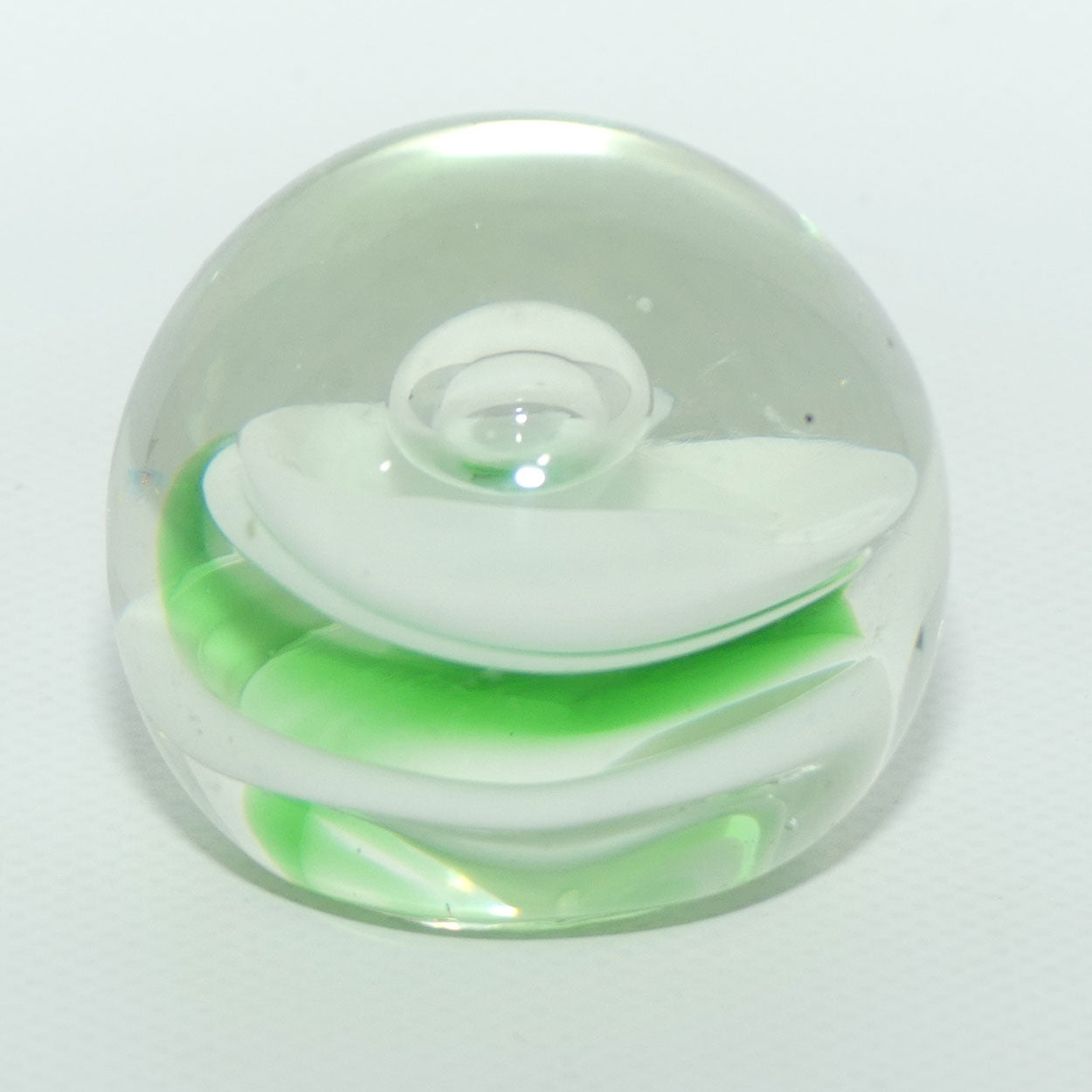 Green Swirl and Controlled Bubble design Art Glass paperweight | Small