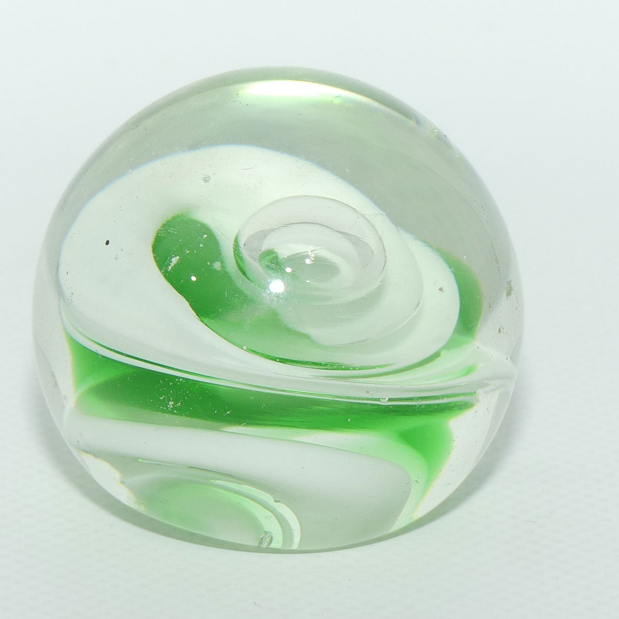 Green Swirl and Controlled Bubble design Art Glass paperweight | Small