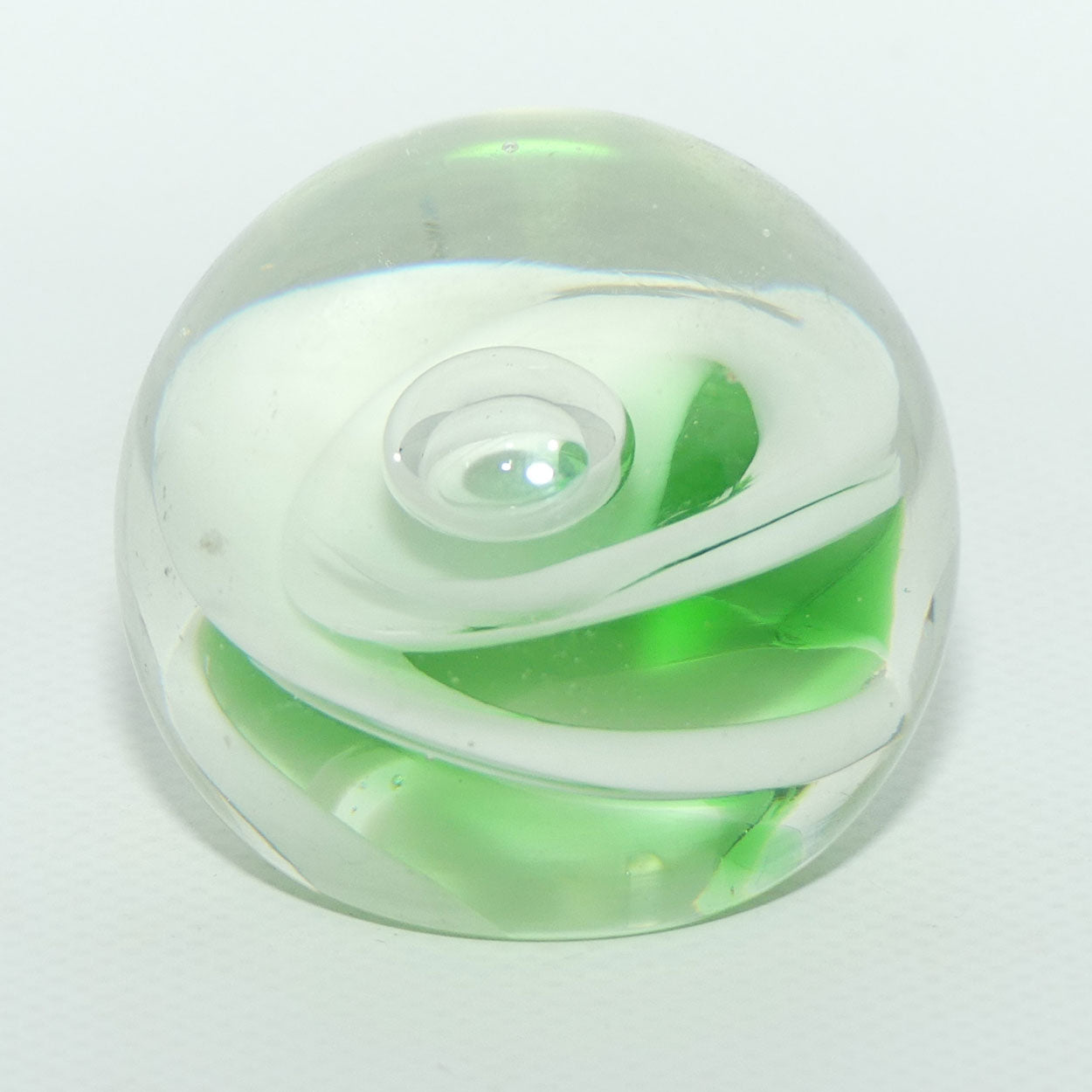 Green Swirl and Controlled Bubble design Art Glass paperweight | Small