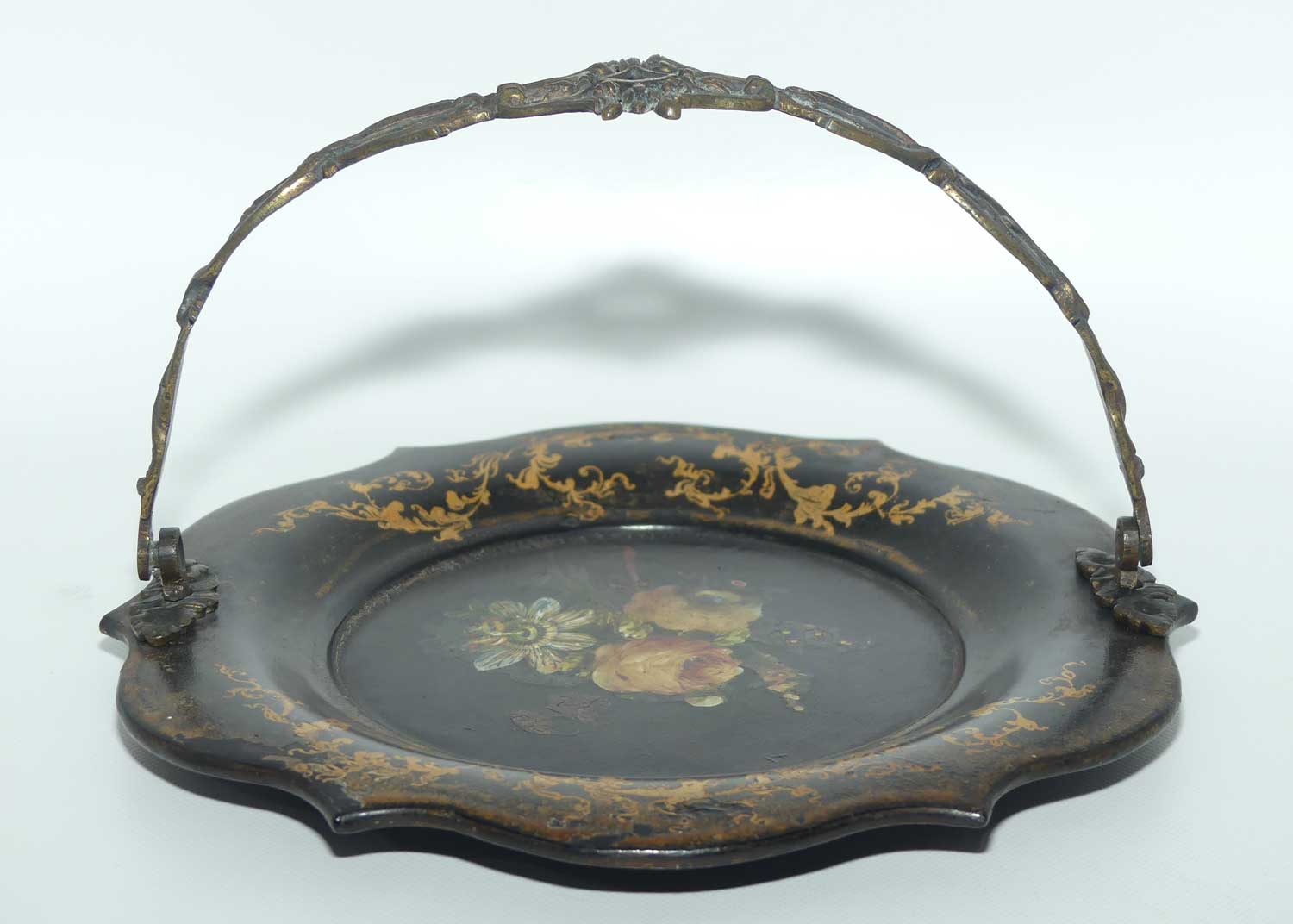 Antique Victorian era Papier Mache basket with swing handle