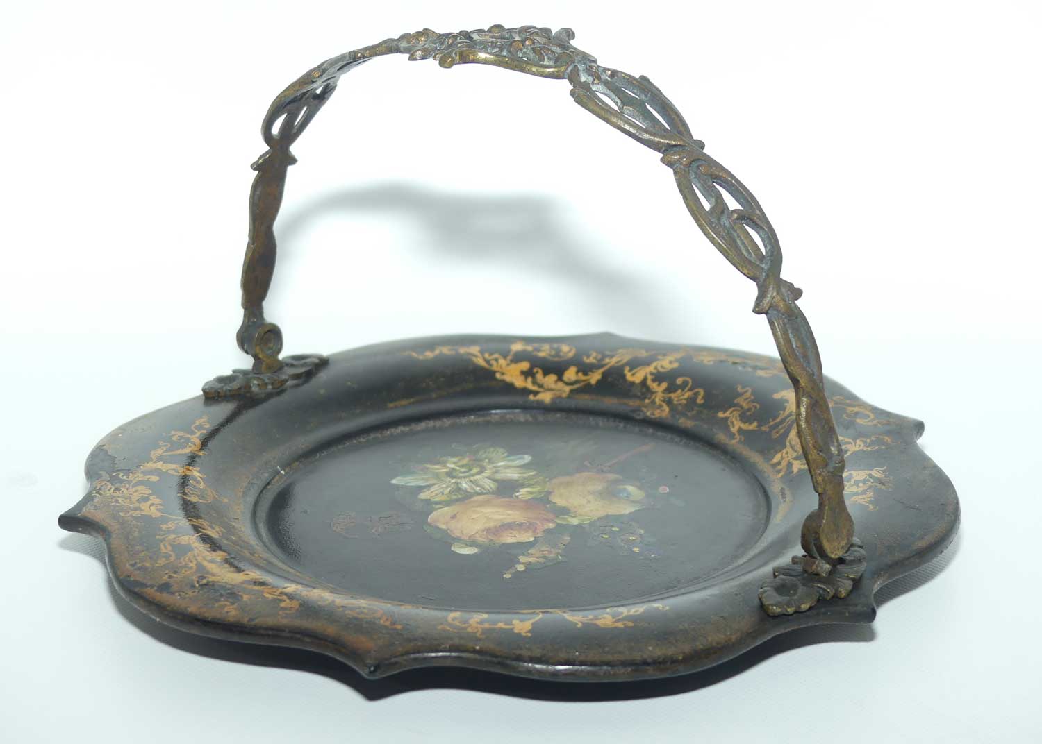 Antique Victorian era Papier Mache basket with swing handle