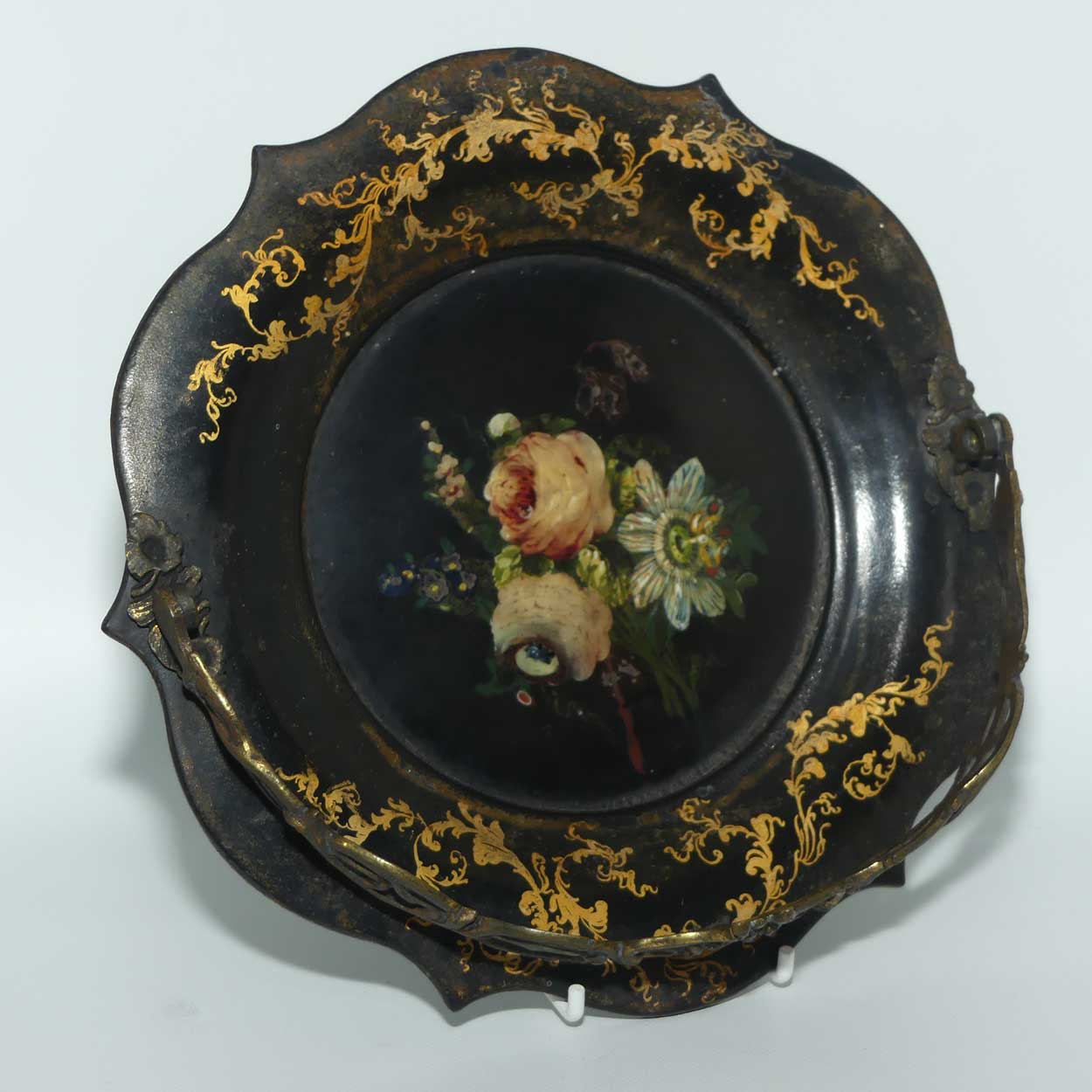 Antique Victorian era Papier Mache basket with swing handle