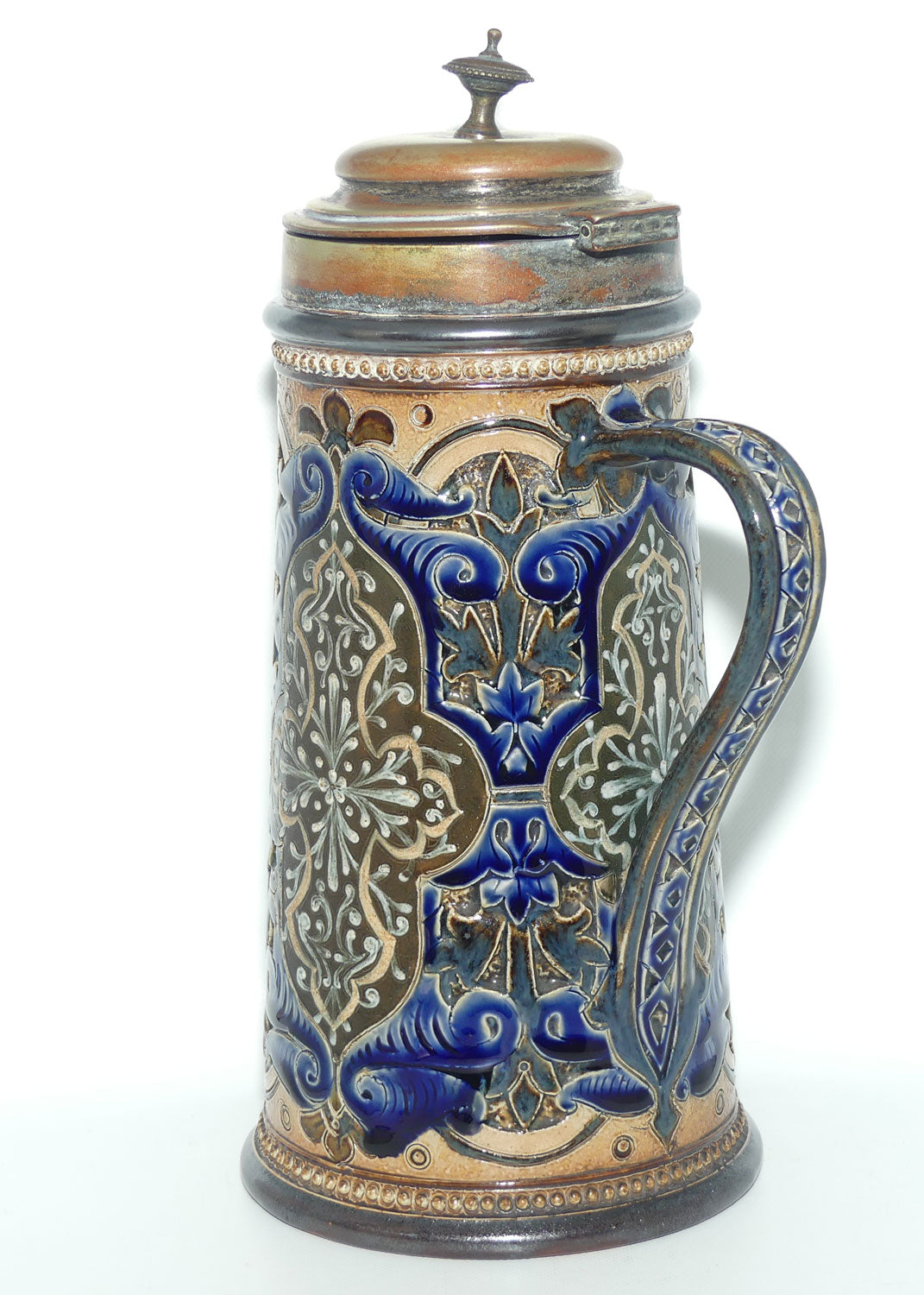 Doulton Lambeth stoneware lidded ale jug with pate-sur-pate cartouches and incised scrollwork  (Parker)